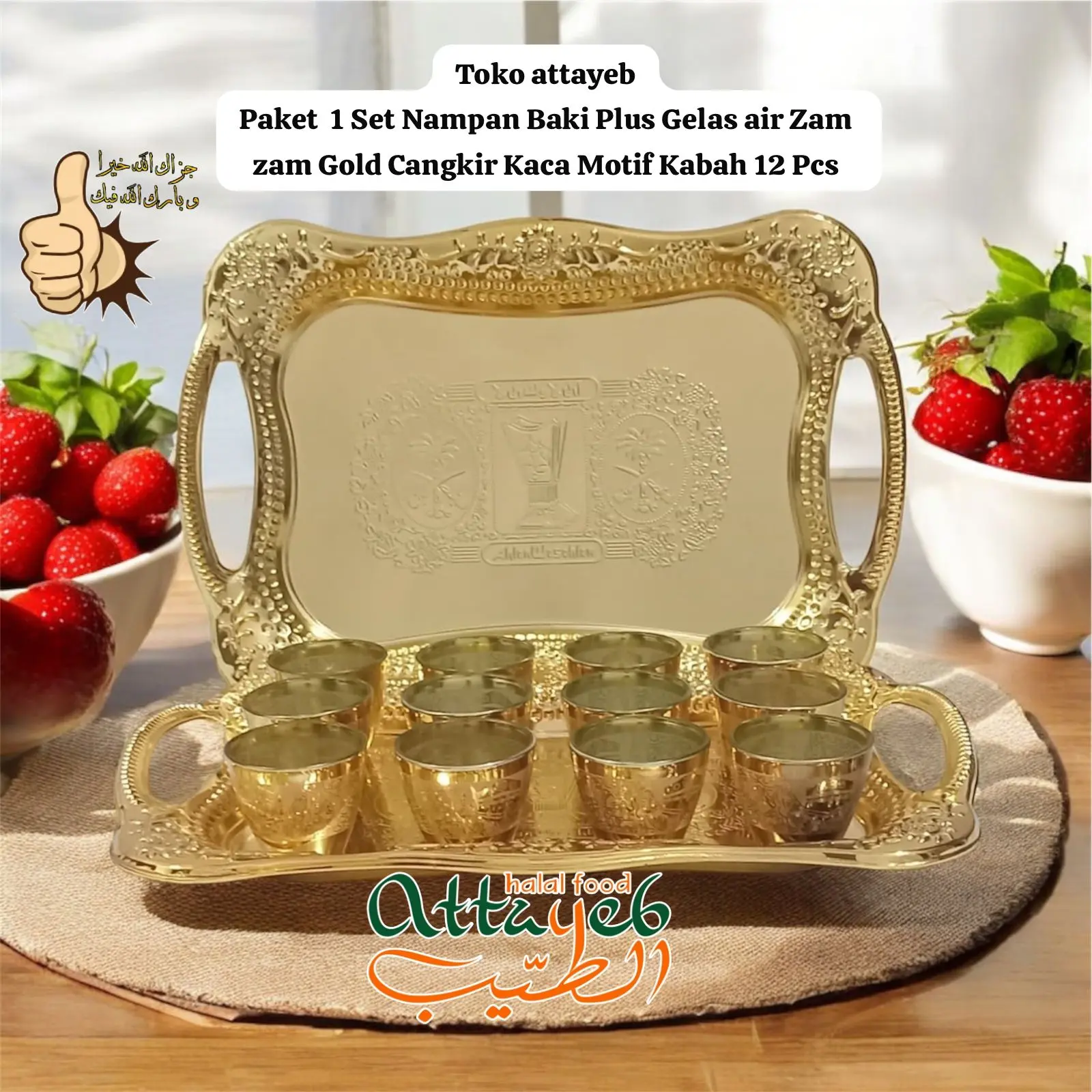 Paket 1 Set Gelas air Zam zam Gold Cangkir Kaca Motif Kabah 12 Pcs Plus 1 Nampan Baki Gold Arab dan Gelas Cucing Arab