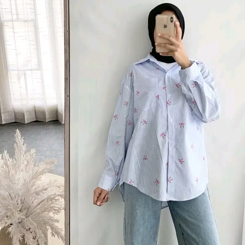 CH SIAP KIRIM RIBONIA KEMEJA LUCU STRIP PITA