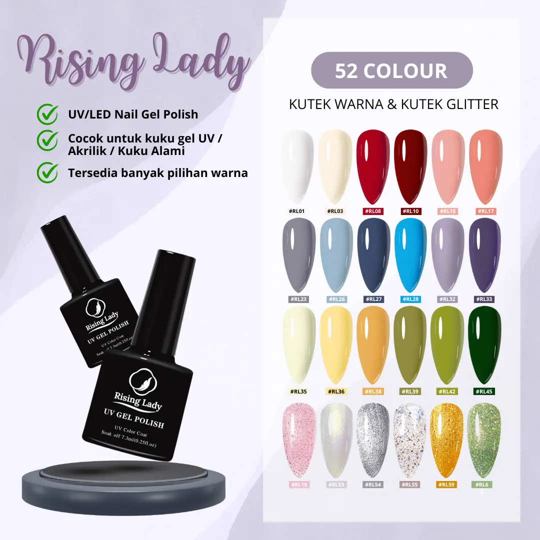 Rising Lady 70 Colors Kutek Gel Warna / Kutek Glitter/Kutek Jelly/Kutek Cat Eye/Lengkap Fungsi Topcoat/Basecoat/Primer/Matte/Vitamin/Cuticle Softener/Gel UV LED Nail Polish 7.3ml for Nail Art