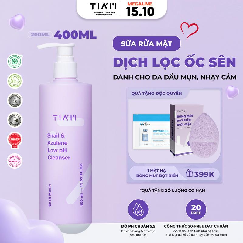 LIVE- Sữa Rửa Mặt Tinh Chất Dịch Lọc Ốc Sên Hỗ Trợ Làm Sạch Da TIA’M Snail & Azulene Low pH Cleanser 400ml