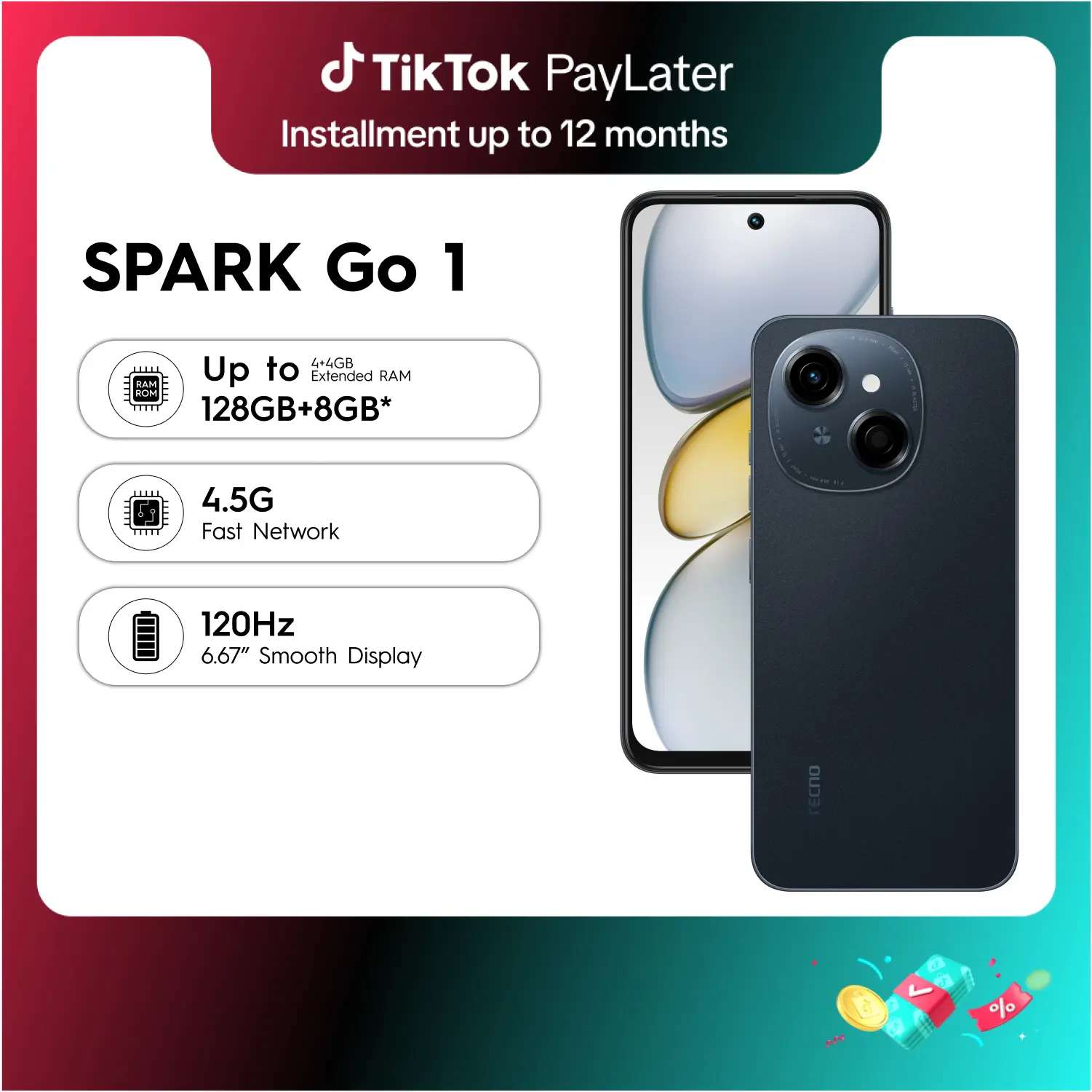 [TECNO] SPARK GO 1  UP to 8GB RAM (4+4GB RAM + 128GB ROM) ｜T615 Processer 4.5G Net working | 120HZ 6.67'' Big Display｜13MP+8MP Camera  | 15W Fast charge support & 5000mAh Battery | Dual speaker DTS & IP54 | 4 Years Long Lasting Fluency