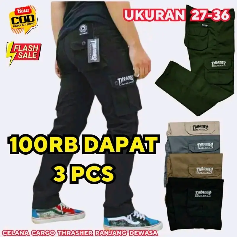100 RIBU DAPAT 3 PCS CELANA PANJANG CARGO PRIA RIP PINGGANG KARET TERLARIS Grey Hitam Distro Nyaman