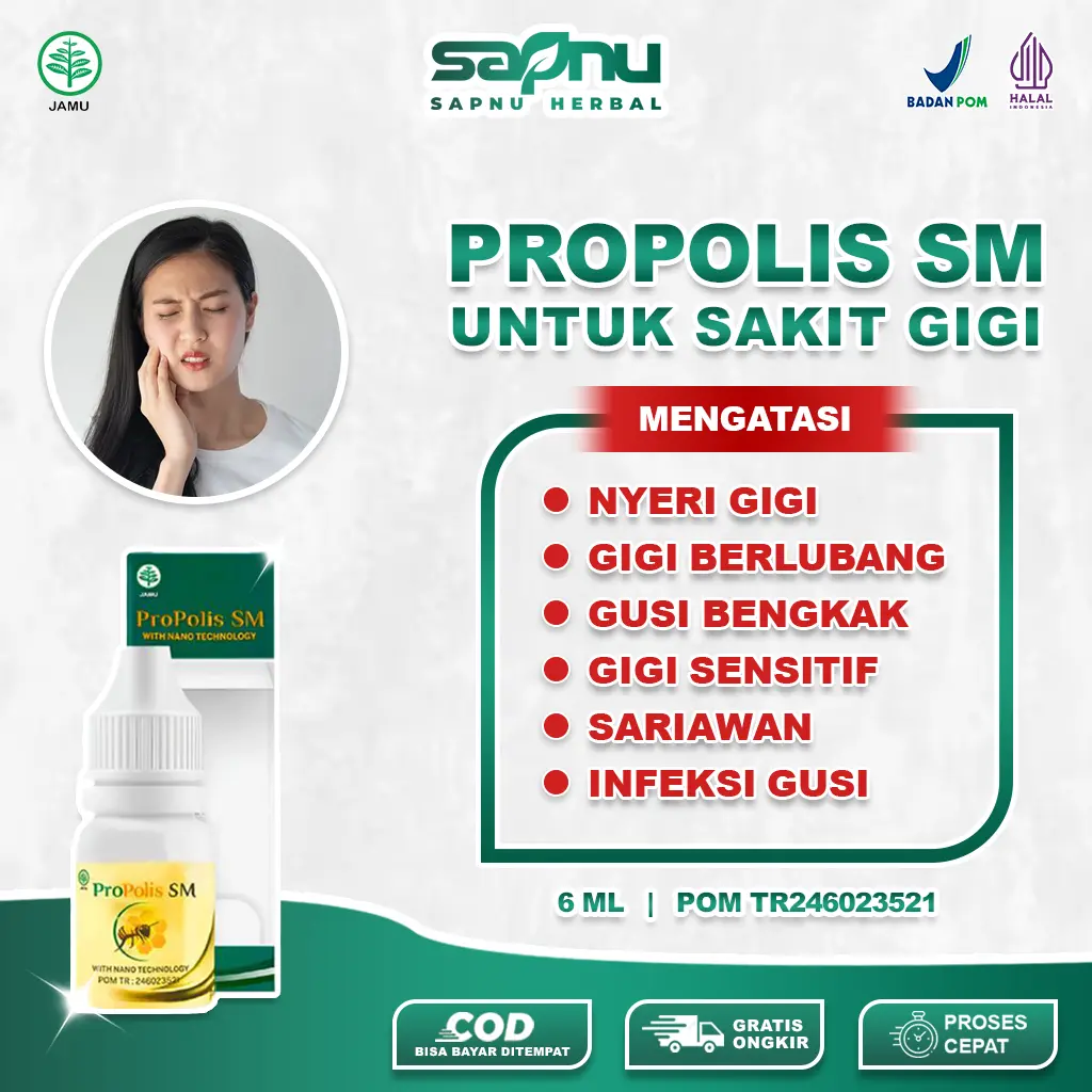 Obat  Tetes  Cair Sakit Gigi Berlubang, Gusi Bengkak, Bau Mulut, Herbal Kumur Propolis SM Isi 6 ml Karang