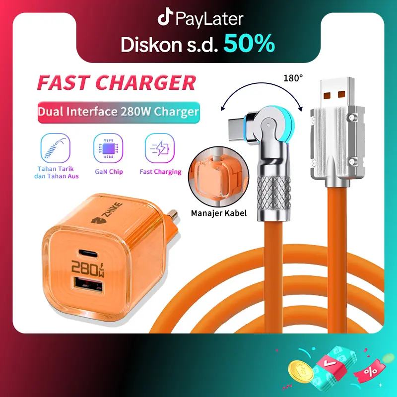ZHIKE Kabel Fast Charging Galium Nitrida Adaptor 280W 1,5 meter Cable dengan 240 Kepala 180° Rotasi Type-C Micro USB iOS Silikon Halus Kompatibel dengan Charger Tahan Lama Berdaya Tinggi