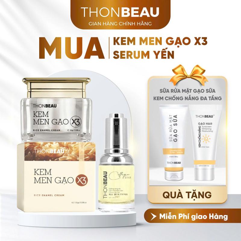 Bộ Kem men gạo x3 và serum yến Tặng Kem Chống Nắng và Sữa rửa mặt - Skincare