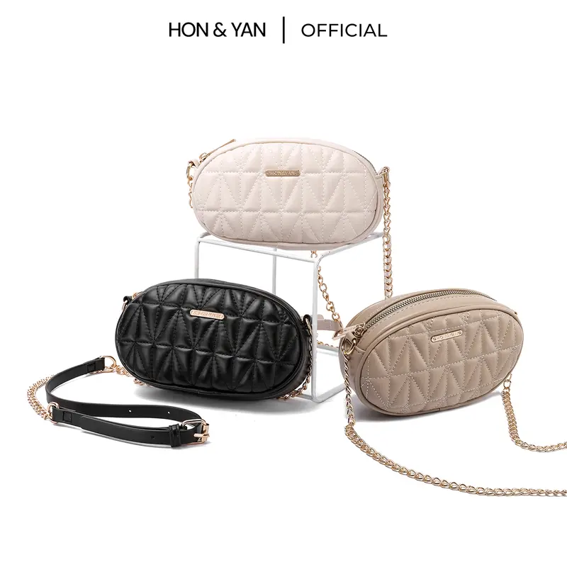 HONYAN Tas Selempang Wanita Kulit Slingbag Sling Bag Oval Bulat Branded  Original Terbaru Nuber Black