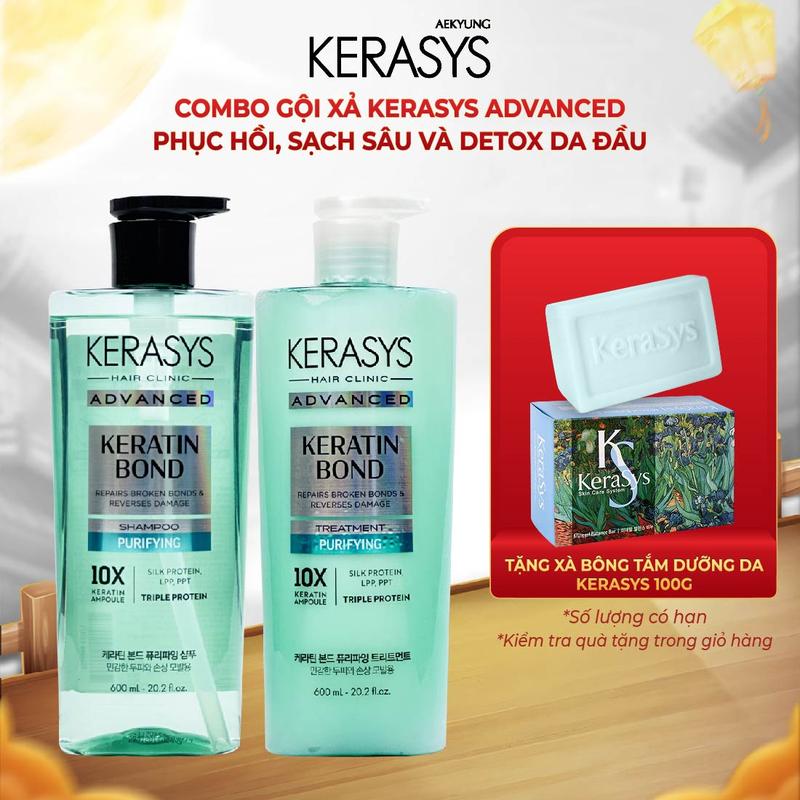 Cặp dầu gội xả Kerasys Advanced Keratin Bond Hàn Quốc phục hồi chuyên sâu tóc hư tổn, kiềm dầu và detox da đầu