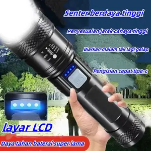 Senter LED Super Terang Rechargeable Jarak Jauh, Lampu Sorot Besar Zoom Focus, USB Type-C, Tahan Air IPX4, Ringan untuk Outdoor, Patroli, Camping, Senter Laser High Power, Cahaya Super Kuat untuk Berkemah dan Darurat