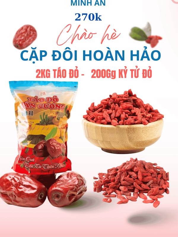 [ Combo 2kg Táo Đỏ và 200gr Kỷ Tử ] Táo Đỏ Tân Cương Loại 150-170 Quả/1kg - Kỷ Tử Ninh Hạ  Thơm Ngon Hàng Khô Tự Nhiên - Nông sản Minh An - Snack Ăn Vặt Food Thức ăn Táo Đỏ Đồ Ăn Nhẹ Khô Ăn Vặt Đồ Ăn chua cay có hạt
