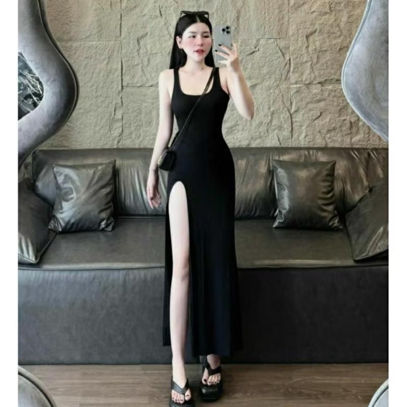 [P10] Đầm body dáng dài xẻ tà 2 dây bản lớn váy đen ôm dáng tôn dáng size dưới 55kg