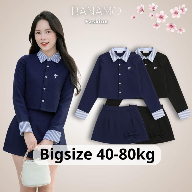 BANAMO x Ninh Quế Anh Set đồ nữ BIGSIZE Banamo áo sơ mi dài tay phối cổ kẻ sọc xanh mix chân váy chữ A đính nơ dáng xoè Hàn Quốc 1900 1