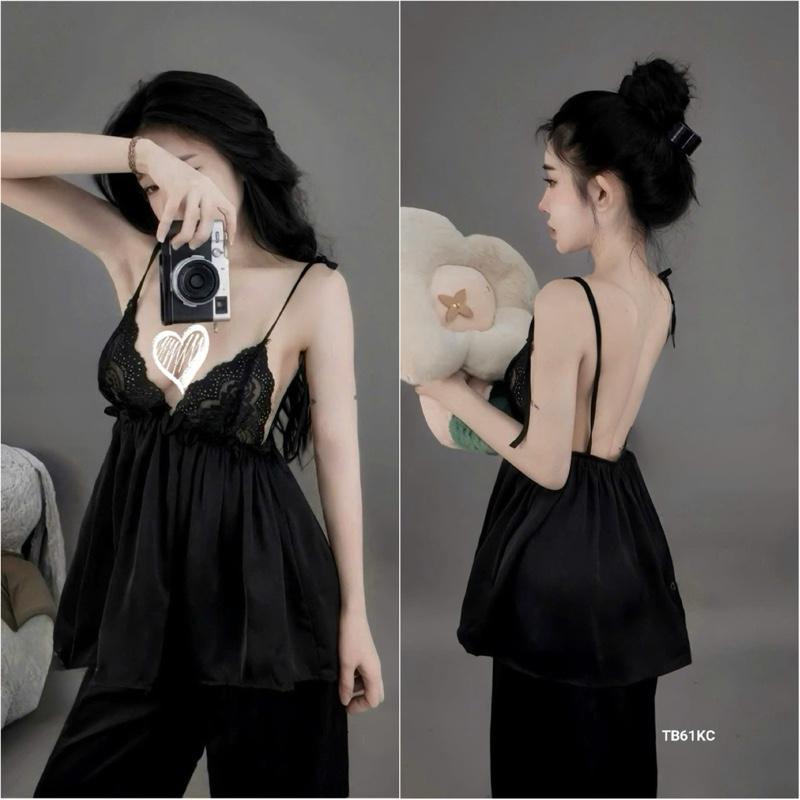 Sét bộ 2 dây quần dài phối ren sẹc si siêu xinh chất lụa latin siêu mềm mát freesize 40-58kg cho nữ - Women Nữ Áo Kem Voi Top Nhung