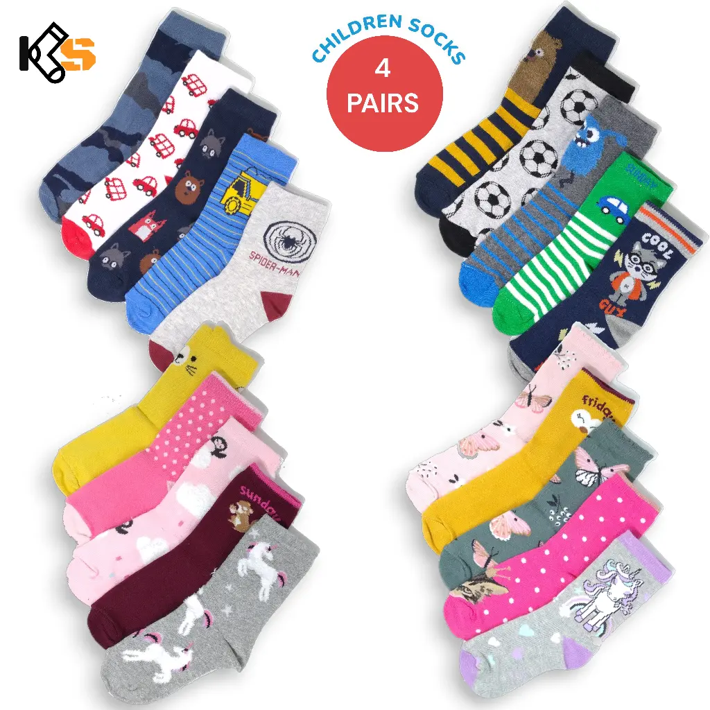 Paket 4 Pasang, Kaos Kaki Anak Panjang Motif Karakter Lucu Laki laki Perempuan Usia 3-7 Tahun TK PAUD, Bahan Katun Lembut