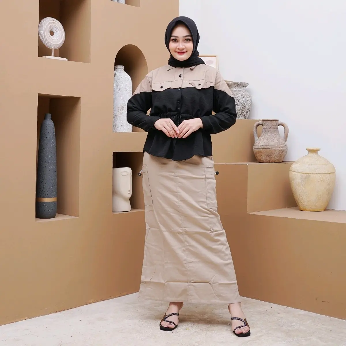 KARIN Onset Pisahan Rok Cargo Skirt Baju Atasan Wanita Fit Twill Standar Muslim simple set sage
