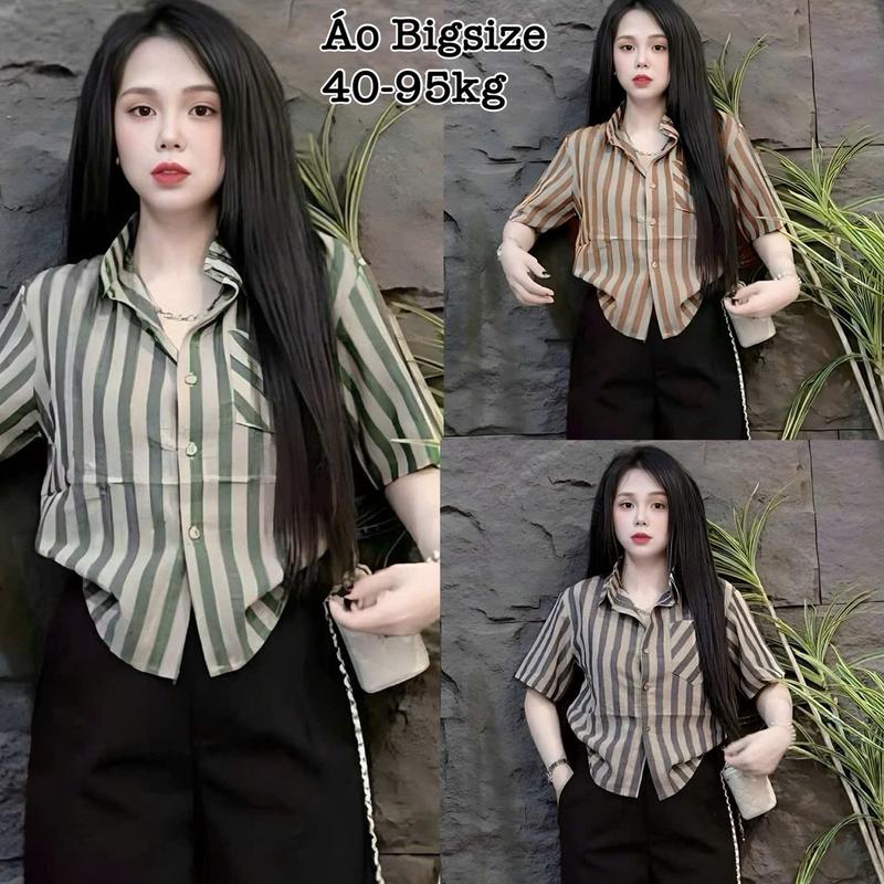 Áo Sơ Mi Sọc Nữ Basic Tay Ngắn Form Rộng Vải Linen Xước Bigsize Xinh Đẹp Cao Cấp Dễ Thương Hot trend 2025 Freesize 50-95kg Top Áo Sơ Mi Che Khuyết Điểm chất vải mát dễ chịu hack dáng Women sơ minu - 2508 thoitrangbigsize bigsizefashion