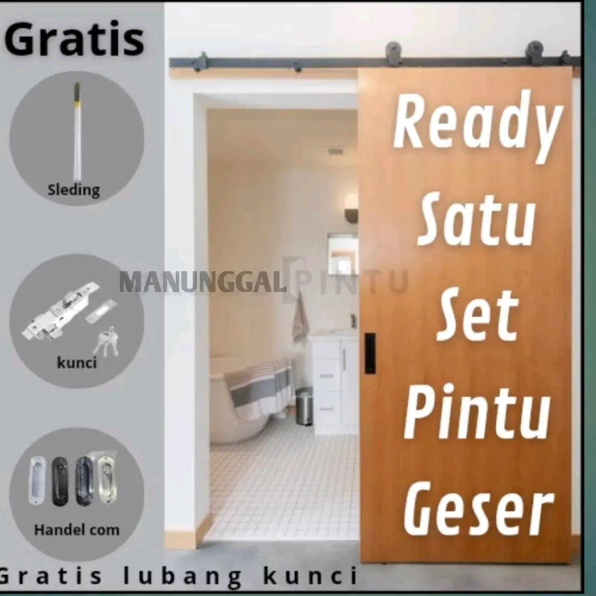 satu set pintu sleding | rell sliding, pengunci, handle besi 2pcs | lapis samping