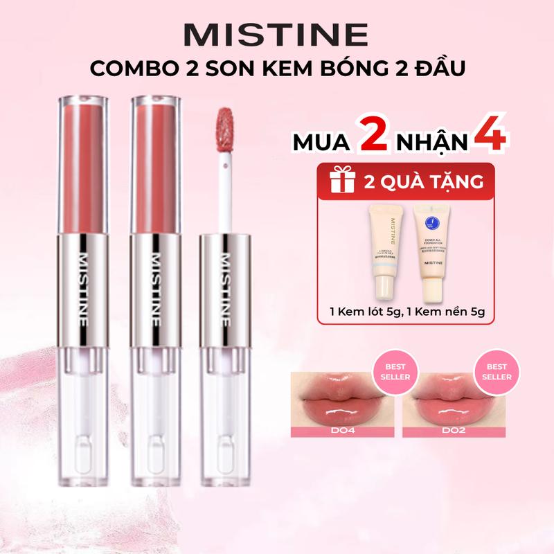 T-C MUA 2 NHẬN 4 | Combo 2 Son Kem Bóng Hai Đầu MISTINE Tipsy-Lock Bền Màu Lâu Trôi Không Dính Cốc 1.5g*2 + TẶNG 1 Kem nền 5g + 1 Kem lót 5g