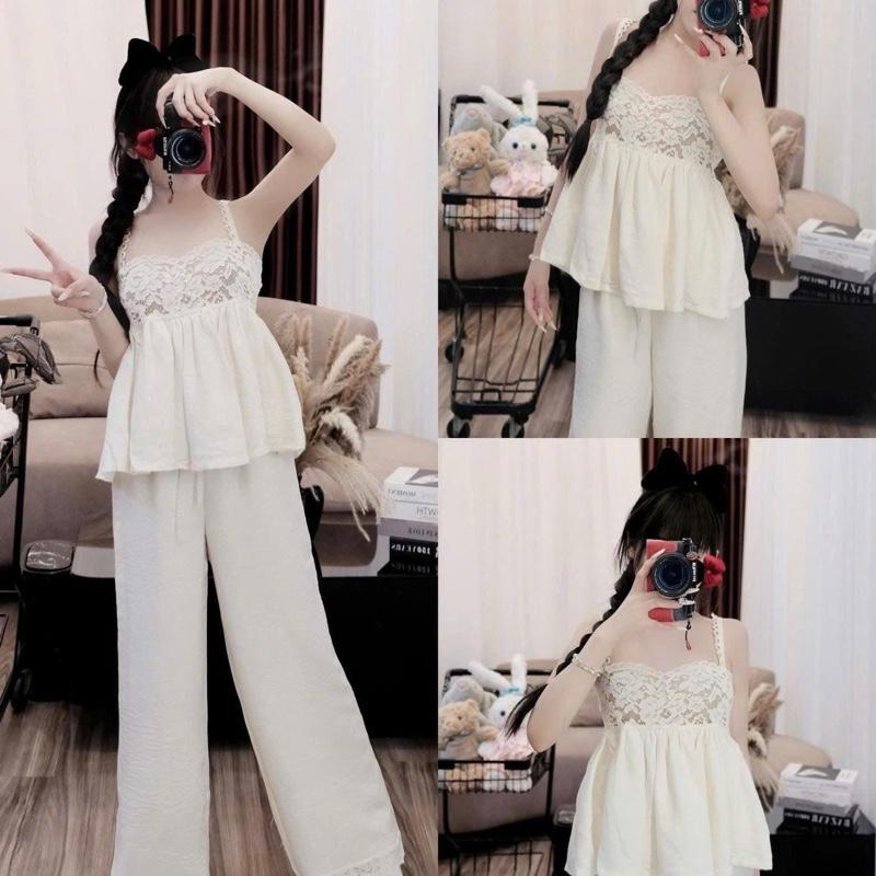 V455 - Set áo 2 dây phối ren quần dài ống xuông chất liệu cotton phối ren hoạ tiết mềm mại, kiểu dáng điệu đà sang trọng hàng QC cao cấp