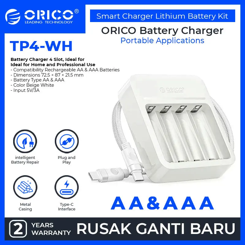 ORICO Charger Baterai AA /AAA Rechargeable 4 Slot Smart Charger 5V/3A - TP4