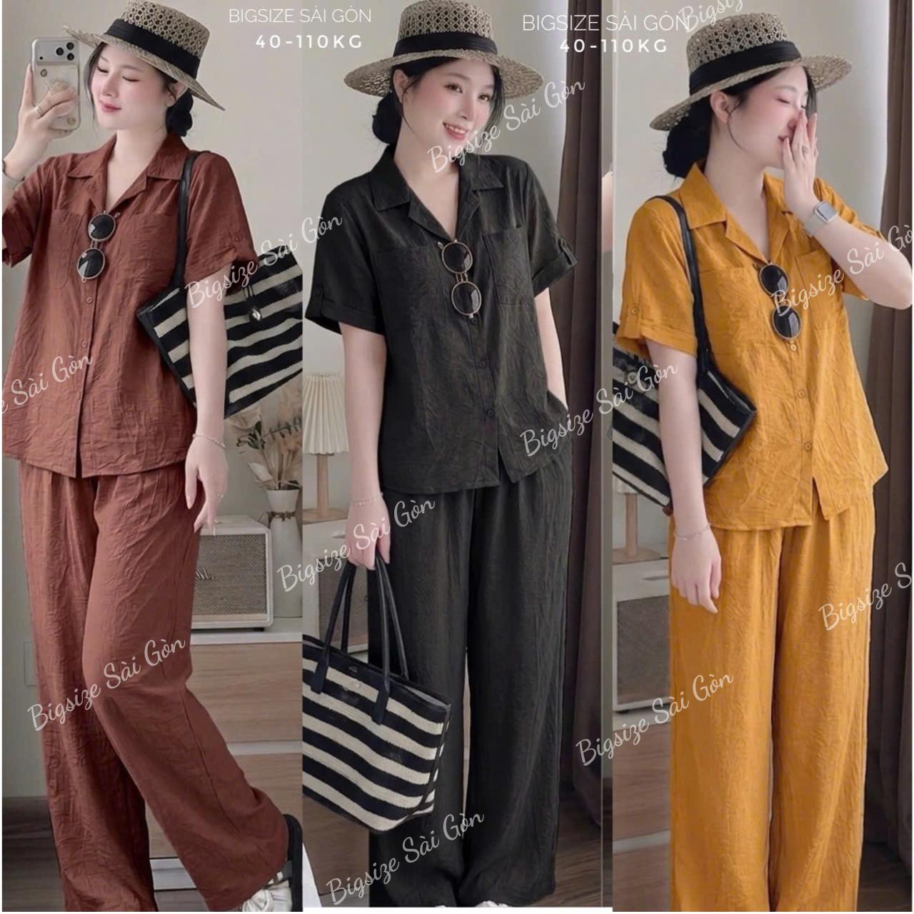 Set Bộ Nữ Có Bigsize Đũi Gân Cao Cấp Áo Sơ Mi Tay Lỡ Quần Ống Rộng Dài 40-110kg - B.1851