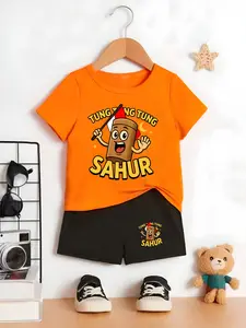 Stelan Anak Anak Tung Sahur Bendera Baju Stelan Unisex Anak dengan Desain Lucu dan Celana Pendek Hitam