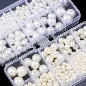 Beadia 10 Grids (10 Kotak) Manik Mutiara Imitasi Putih/Gading 3-14mm - Bulat Spacer untuk DIY Kalung, Gelang, Anting Perhiasan
