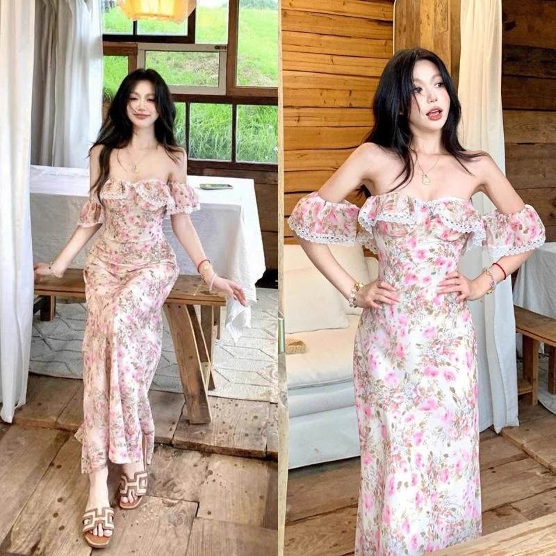 VÁY BODY LƯỚI HOA VAI BÈO VIỀN REN / Đầm body thun lưới dẻo hoạ tiết hoa summer trễ vai viền ren form midi women dress (SIMIHOUSE)