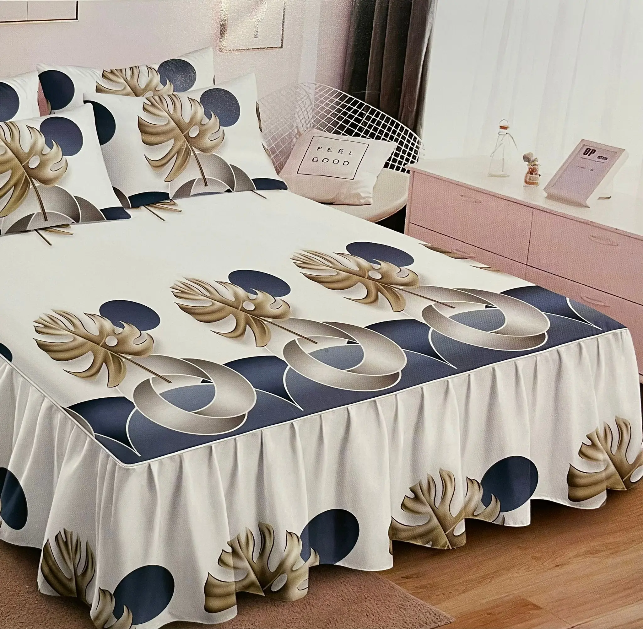 SG Stock New Queen Skirting Bedsheet with pillow case & bolster case Set