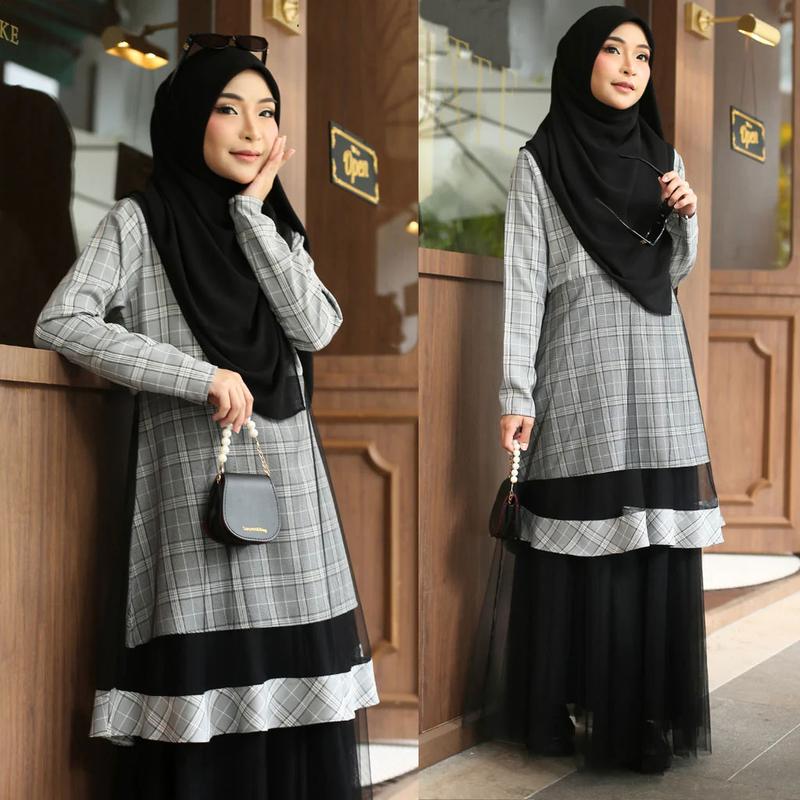 Product Introduction of Checkered Muslim 2 Layers Mesh Plaid Baju Kurung Baju Kebarung Fashion Modern 5