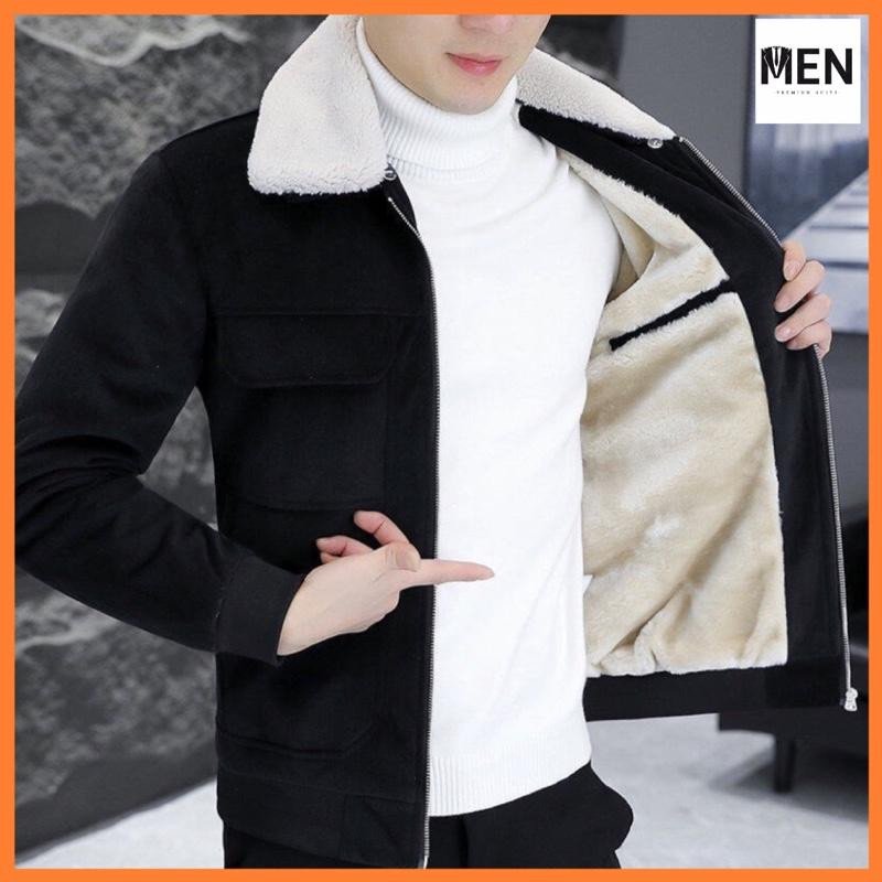 Áo khoác nam 2 lớp lót lông cổ bẻ khoá kéo Trơn Mùa đông chất liệu dạ lộn mềm