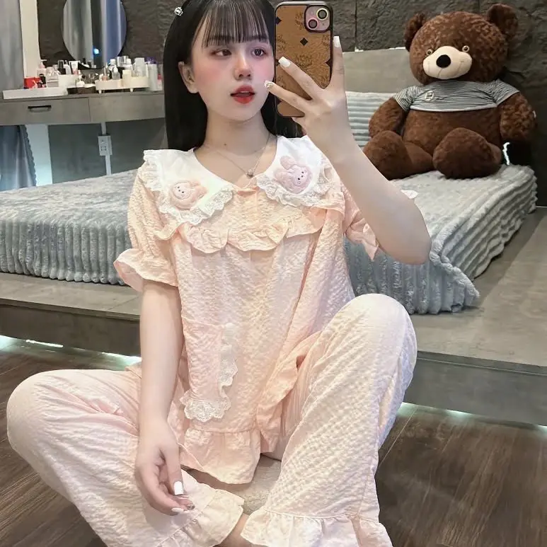 (Màu Pastel) Bộ Ngủ Nữ, Bộ Pijama Mặc Nhà Nữ Chất Đũi Gạo Nhiều Màu Mịn Mềm, Thấm Hút Tốt, Áo Ngủ Phối Ren Tiểu Thư Quần Ngủ Freesize Women Nhung Voi Kem Tim Nho đũi  xốp 7