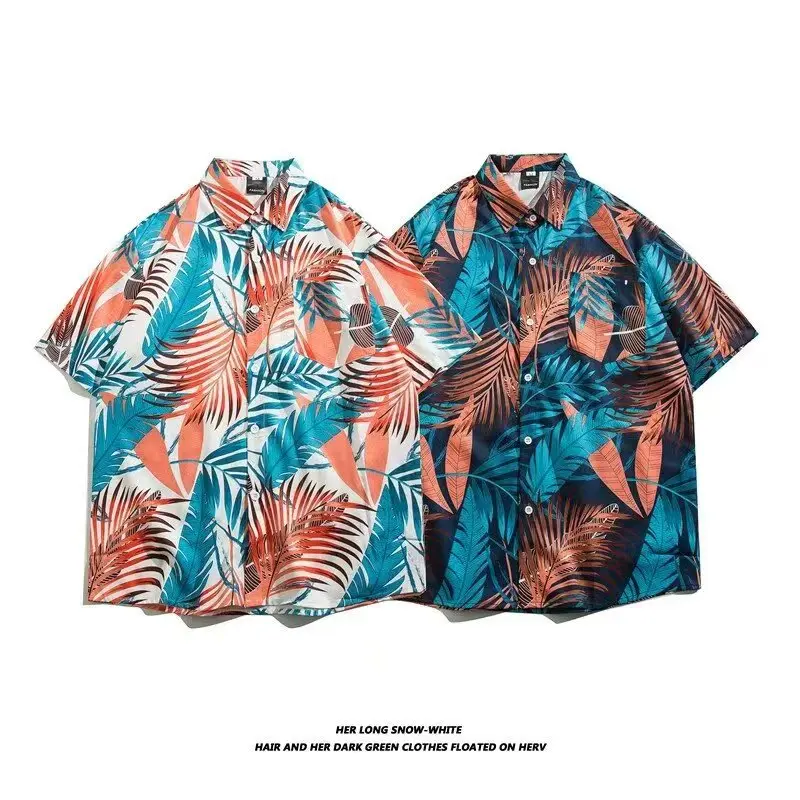 Ice silk flower shirt men's short sleeve summer thin loose Hawaiian shirt coat casual top trend matching men's and women's beach shirts
