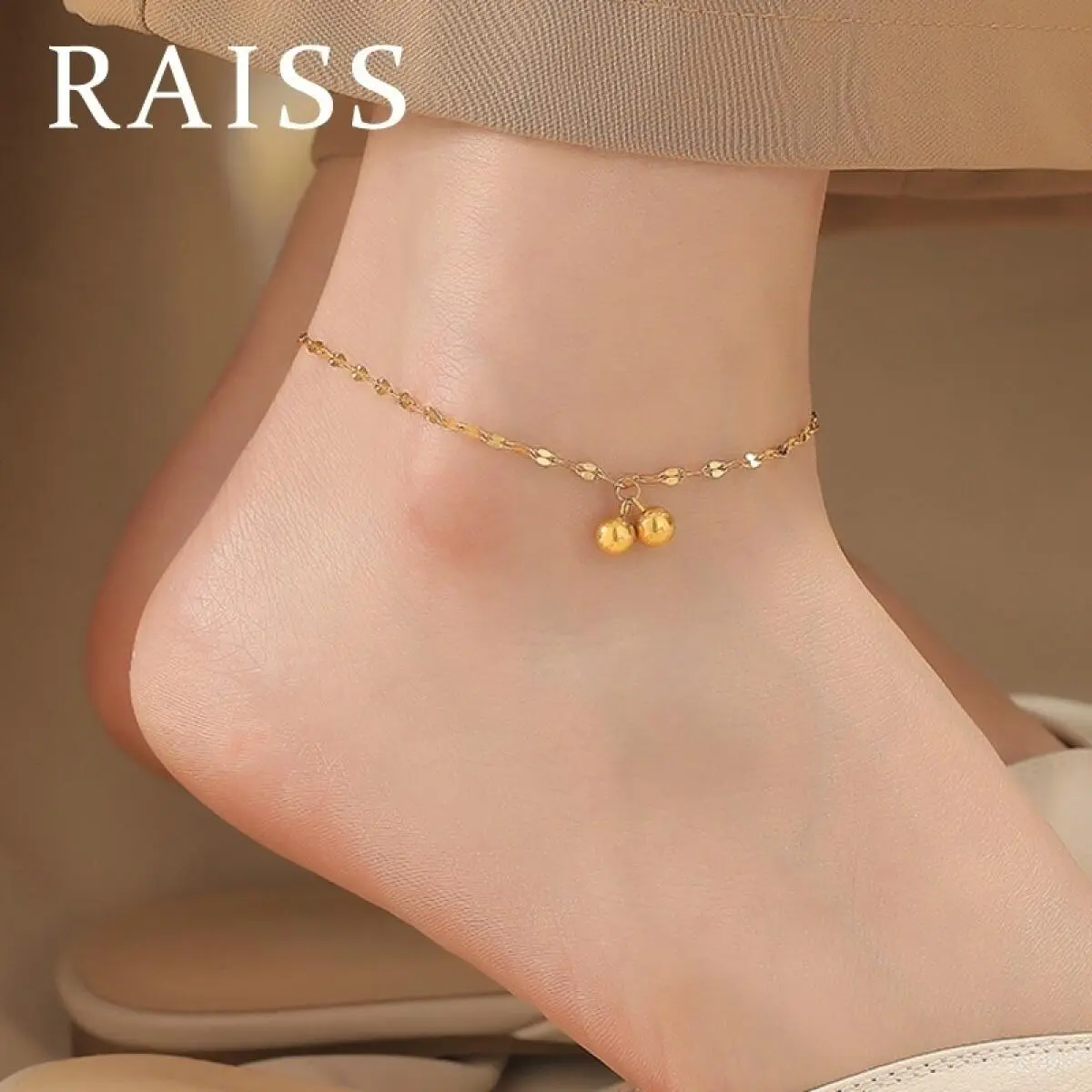 สร้อยข้อเท้าไททาเนียมสำหรับผู้หญิง ลูกบอลนำโชคสแตนเลส 18K ชุบทอง อุปกรณ์เครื่องประดับเกาหลี