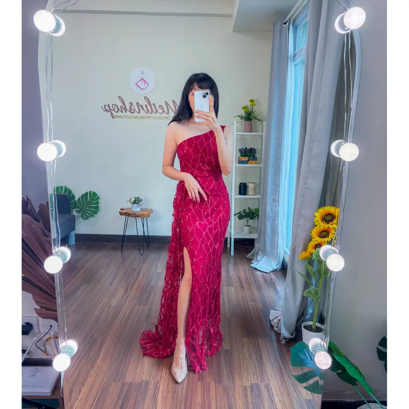 Lace Fur Glitter One Shoulder Dress Wanita Evening Formal 6