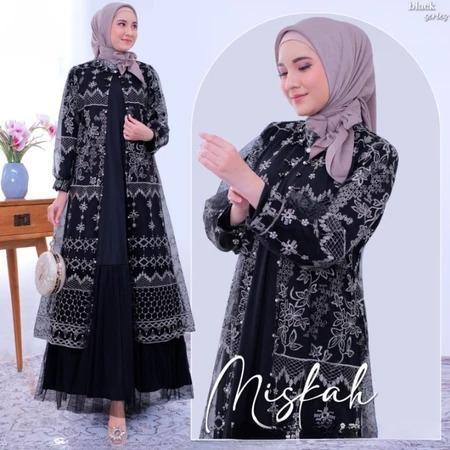 Gamis Pesta Premium Branded Miskah Set Dress BO Size M L XL XXL LD 100-120 CM Bahan Skirt Mix Tille Inner Tile Import Aplikasi Payet Baju Wanita Terbaru Viral  Warna Black Blue Dusty Dove Mocca Nude 5