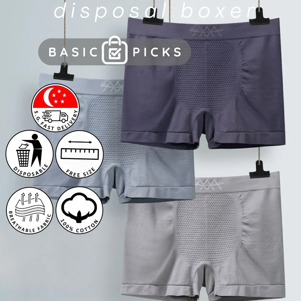 【SG Stock】5 Pcs Unisex Briefs Breathable Seamless Free Sized Boxer Underwear Travel Disposable Men