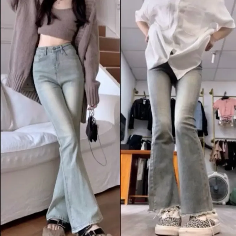Quần jean ống loe màu bạc lưng cao 2 bản may gấu và tua rua gấu
