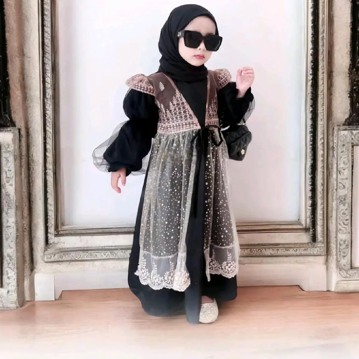 COD Gamis Dress Set Hijab Pesta Brokat Anak Perempuan 3-6 Tahun Terbaru 2025 Brown