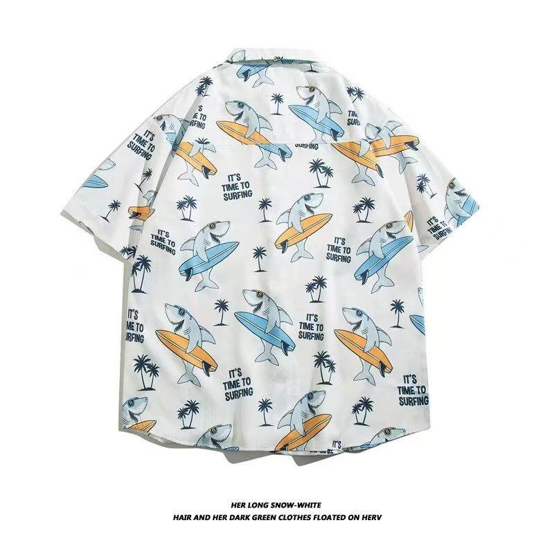 Product Introduction of Shark with a surfboard Hawaiian flower shirt Summer men's and women's shirt shirt loose casual Thai plankton beach holiday shirt 3