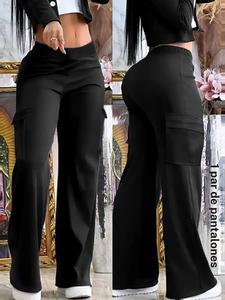 Pantalones de mujer de color sólido con bolsillo con solapa, cómodos y casuales para uso diario, pantalones para damas ideales para primavera y otoño