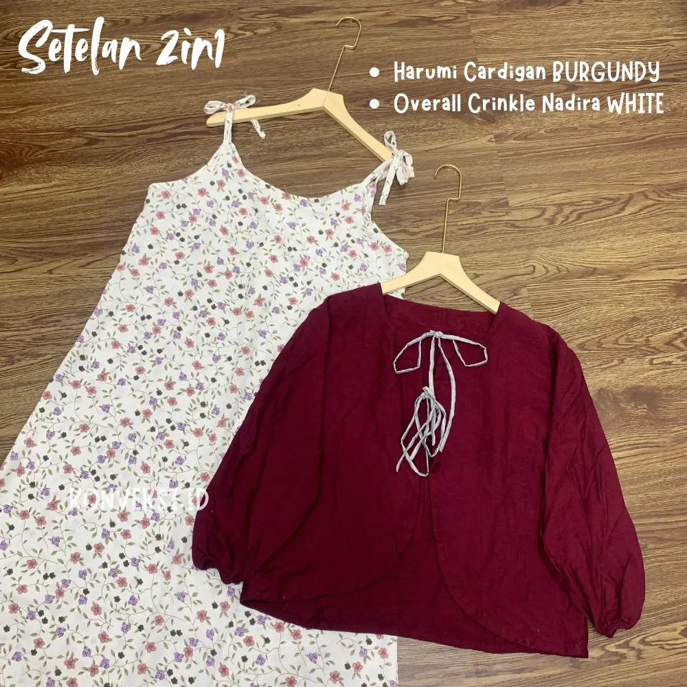 KONVEKSI.ID - Setelan Wanita Cardi Harumi Tali Pita dan Overall Dress Crinkle Motif Floral Korean Style / One Set Cardi Linen + Inner Dress Panjang Oneset Casual Kekinian Atasan Cardigan Caquette mix Yubi Sloopy Motif Bunga Simple