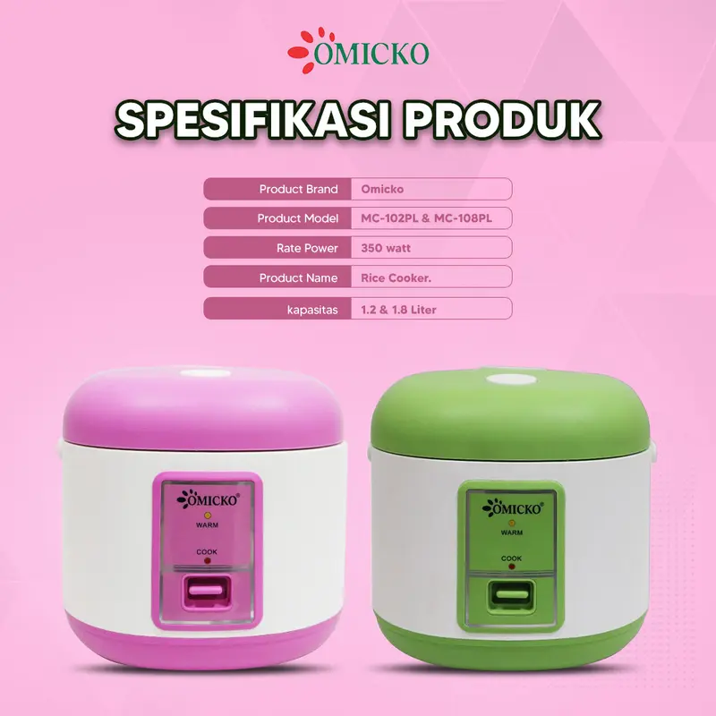 OMICKO Rice Cooker 1.8 Liter 3in1 Penanak Nasi /Pengukus Makanan/Penghangat makanan Wadah Stainess Sudah SNI Hijau Listrik Pink 0