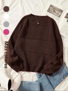 Suéter de cuello redondo con textura minimalista simple para mujer, cómodo jersey de manga larga con cuello redondo y comodidad informal para el otoño, prendas de punto para mujer, frescura de tierra.