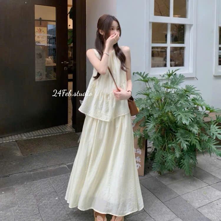   SET74  Set áo tơ babydoll kèm chân váy dài phong cách tiểu thư Hàn Quốc 24FebStudio 