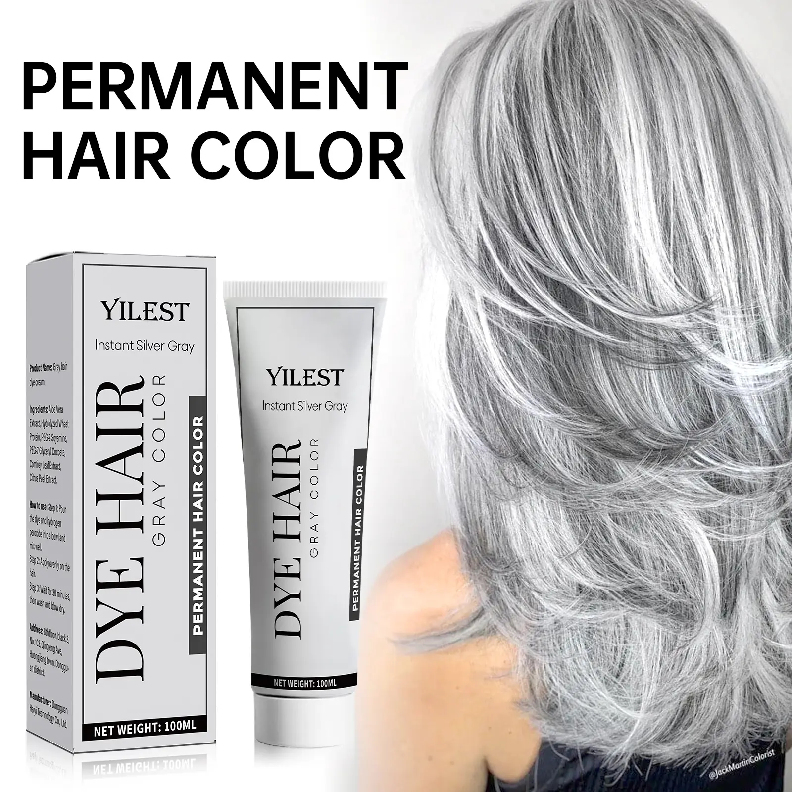 Kem Nhuộm Tóc, Màu Xám, 100ml, Màu Xám Mảnh, Vĩnh Viễn, Unisex, Phong Cách Punk Khói, Không Gây Hại, Tóc Nhuộm Nhanh, Lâu Trôi, Kem Nhuộm Tóc Chuyên Nghiệp, Dễ Sử Dụng