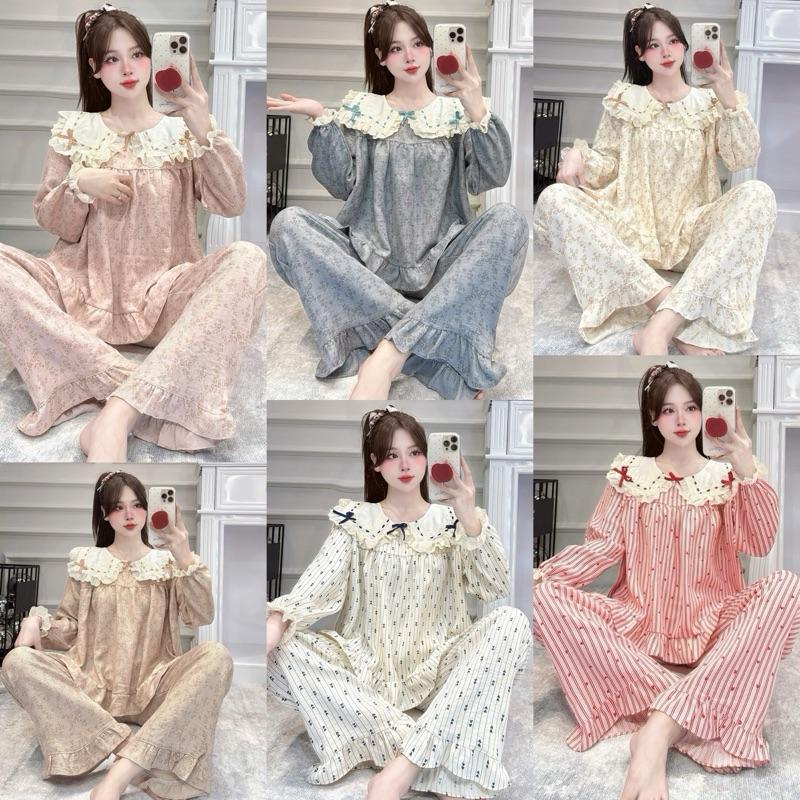 Sammy Bộ Mặc Nhà Cổ Sen ren vạt vuông chất Đũi Vân mây mềm đẹp xinh xắn cho Nữ DD57 Sammy - đồ ngủ