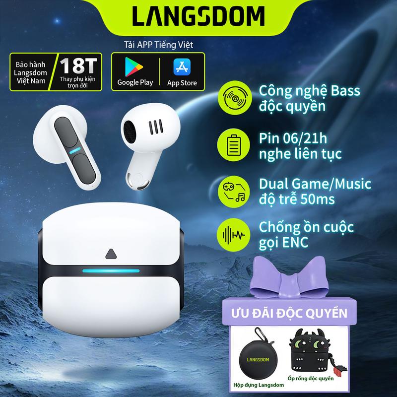 Tai Nghe Bluetooth Gaming Langsdom Theta, Bass trầm ấm, Độ trễ cực thấp 50ms, Pin tổng 21h, Míc chống ồn ENC, Chống nước IPX5