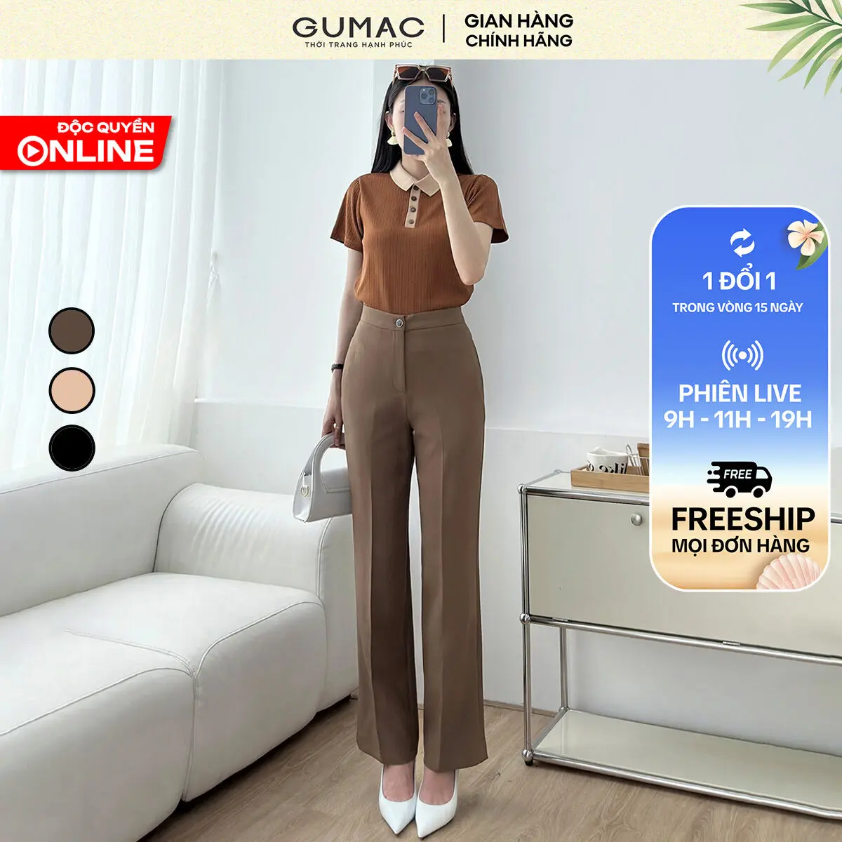 GUMAC - Quần tây túi mổ QE04001 Nữ Cotton Women Pants Đen Nâu Ong