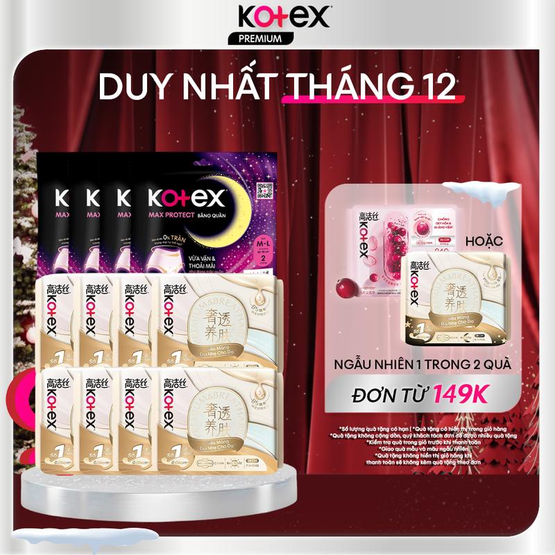 Combo 8 gói Băng Vệ Sinh Kotex Nhập Khẩu Cicada Siêu Mỏng Cánh 24cm 7 miếng + Combo 4 Gói Kotex đêm dạng quần cõ M L 2 quần gói