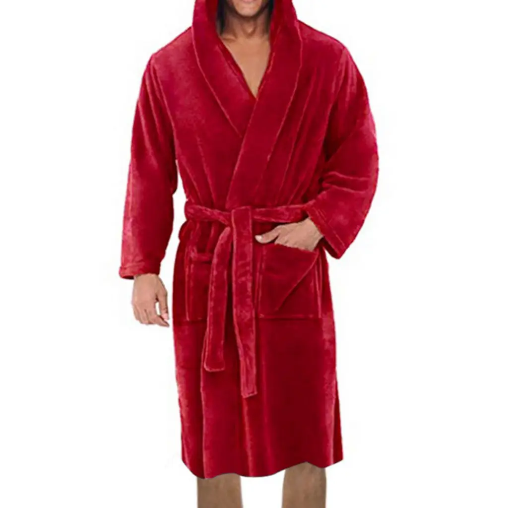 SRE- Plush Bathrobe Graceful Plush Bathrobe Flannel Thickened Warm Bath Robe Loose Chic Hooded Warm Male Bath Robe for Gifts Solid Color